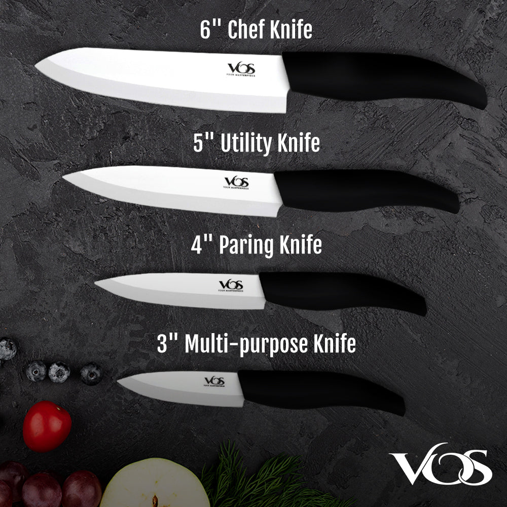 Vos Ceramic Knives for Kitchen Three Knife Set With 3 Covers a Peeler and a  Gift Box (Black)