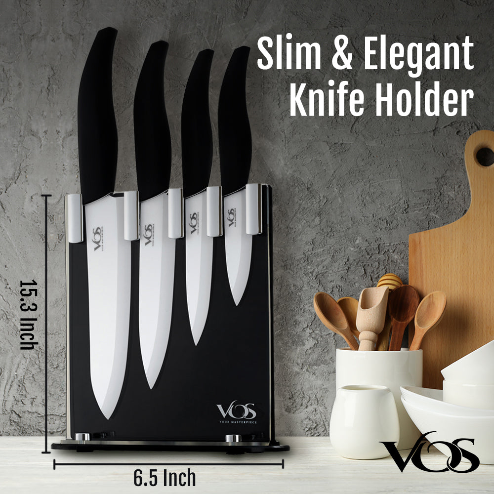 Vos Ceramic Knives for Kitchen Three Knife Set with 3 Covers A Peeler and A Gift Box (Black)